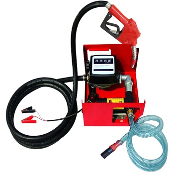 Portable metered fuel transfer kit with hose and nozzle